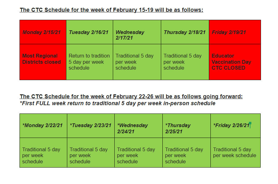 Transition schedule for February 16, 2021 through March 1.
